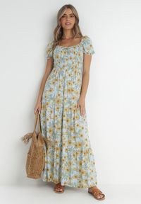 Born2be - Jasnoniebieska Sukienka Bloch. Typ kołnierza: dekolt gorset. Kolor: niebieski. Materiał: tkanina. Wzór: kwiaty. Sezon: wiosna, lato. Typ sukienki: rozkloszowane, gorsetowe. Styl: boho. Długość: maxi #4