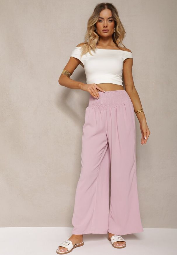 Renee - Różowe Spodnie Kuloty High Waist z Gumką w Talii Lipadre. Stan: podwyższony. Kolor: różowy. Długość: krótkie