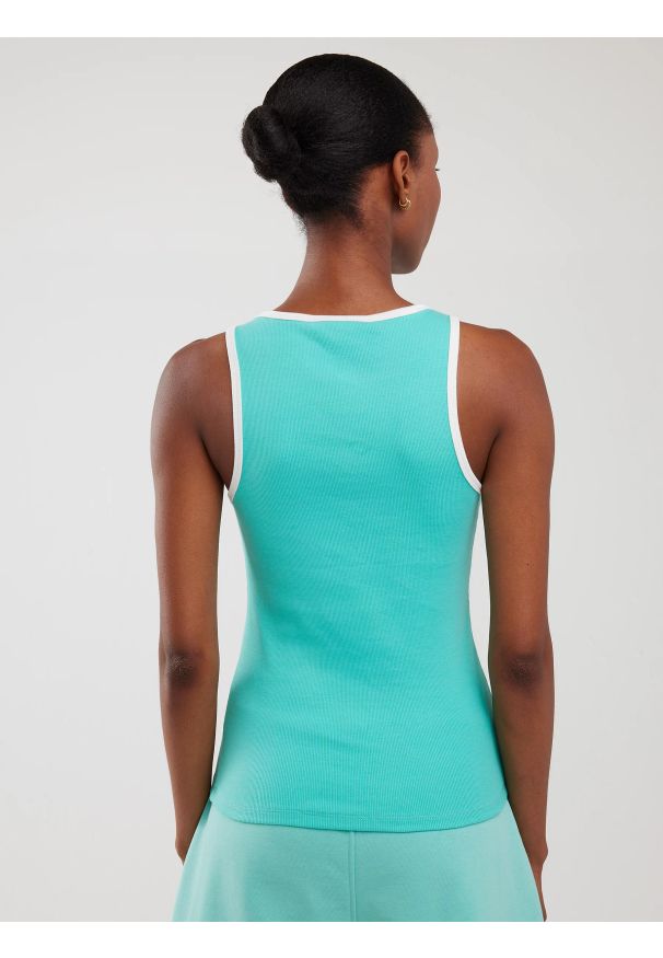 Big-Star - Koszulka damska na ramiączkach z kontrastowym wykoŅczeniem turkusowa Arisa 302. Kolor: turkusowy. Materiał: dzianina, materiał, prążkowany. Długość rękawa: na ramiączkach. Wzór: haft. Sezon: lato. Styl: retro, wakacyjny