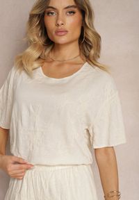 Renee - Beżowy Komplet z Wyszywanymi Kwiatami Luźny T-shirt i Proste Spodnie Namselin. Kolor: beżowy. Materiał: materiał. Wzór: kwiaty #5