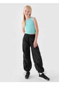 4f - 4F Crop top z prążkowanej dzianiny dziewczęcy - turkusowy 164 (13-14 lat). Okazja: na co dzień. Kolor: turkusowy. Materiał: dzianina, prążkowany. Długość rękawa: na ramiączkach. Sezon: lato. Styl: sportowy, casual