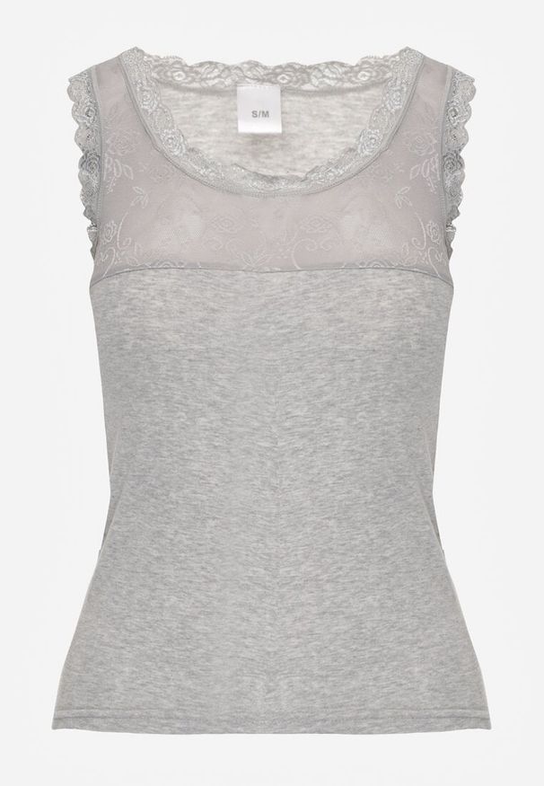 Renee - Ciemnoszary Top z Bawełny Ozdobiony u Góry Koronką Berice. Kolor: szary. Materiał: bawełna, koronka. Wzór: aplikacja, koronka
