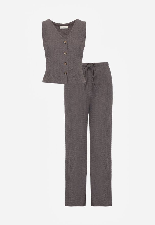 Born2be - Szary Letni Komplet Top Typu Kamizelka i Spodnie z Teksturowanej Tkaniny Echoviane. Kolor: szary. Materiał: tkanina