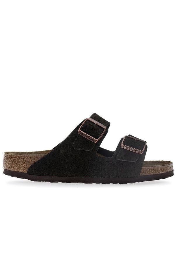 Klapki unisex Birkenstock Arizona 1027077 - brązowe. Okazja: na co dzień. Zapięcie: pasek. Kolor: brązowy. Materiał: welur, skóra, zamsz. Szerokość cholewki: normalna. Wzór: paski. Sezon: lato