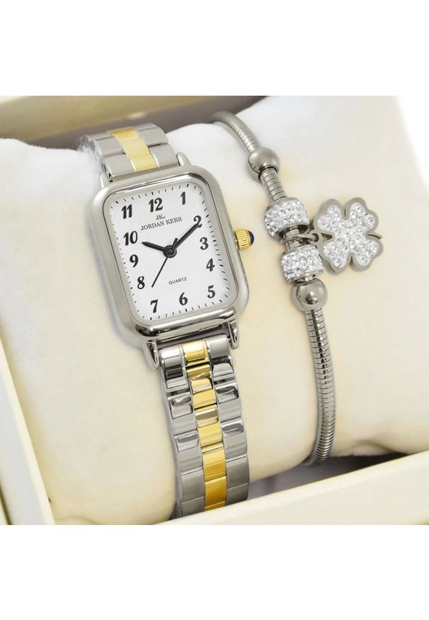 Zegarek Jordan Kerr Zestaw damski zegarek Jordan Kerr SILIA srebrno-złoty z cyframi + bransoletka. Kolor: srebrny, złoty, wielokolorowy