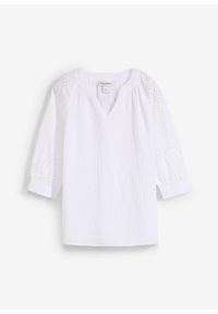 bonprix - Bluzka tunikowa z przewiewnego muślinu. Kolor: biały. Wzór: ażurowy, haft #1