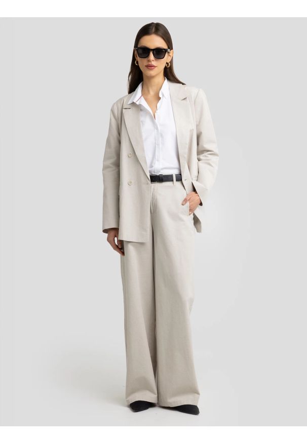 Big-Star - Spodnie damskie wide z dodatkiem lnu beżowe Maryliana 800. Okazja: na co dzień. Stan: podwyższony. Kolor: beżowy. Materiał: len. Styl: elegancki, retro, klasyczny, casual