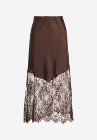 Renee - Brązowa Koktajlowa Spódnica z Satyny z Koronką Avelori. Kolor: brązowy. Materiał: satyna, koronka. Wzór: koronka. Styl: wizytowy #2
