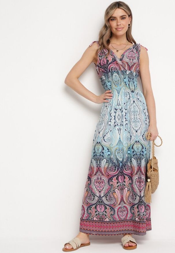 Born2be - Jasnoniebieska Sukienka Boho na Lato ze Sznurkami na Ramionach i Gumką w Talii Aharleta. Kolor: niebieski. Sezon: lato. Styl: boho