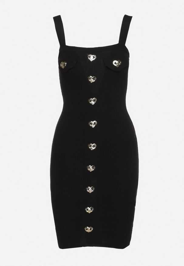 Born2be - Czarna Sukienka z Prążkowanej Dzianiny z Ozdobnymi Guzikami Oledia. Kolor: czarny. Materiał: prążkowany, dzianina. Długość rękawa: na ramiączkach. Styl: elegancki