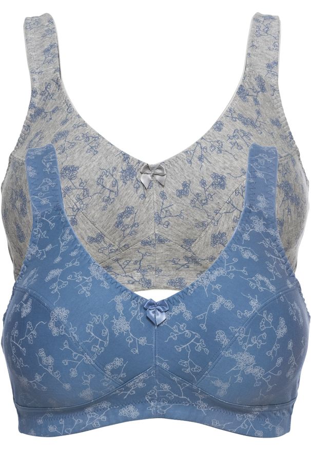 bonprix - Biustonosz bez fiszbinów (2 szt.), bawełna organiczna. Kolor: niebieski. Materiał: bawełna. Rodzaj stanika: różne sposoby noszenia, wyściełane miseczki. Wzór: kwiaty, nadruk