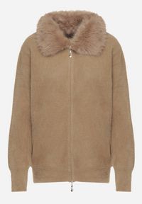 Born2be - Ciemnobeżowy Kardigan z Wełną z Futrzanym Kołnierzem Zapinany na Suwak Sistte. Okazja: na co dzień. Kolor: beżowy. Materiał: wełna, futro. Długość rękawa: długi rękaw. Długość: długie. Styl: casual #6