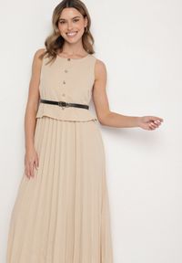 Born2be - Ciemnobeżowa Sukienka Bez Rękawów z Plisami i Paskiem z Klamrą Iffale. Okazja: na spacer, na co dzień. Kolor: beżowy. Długość rękawa: bez rękawów. Styl: casual, klasyczny #6