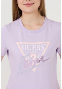 Guess - GUESS Lawendowy damski t-shirt bawełniany Icon Tee, Rozmiar S. Kolor: fioletowy. Materiał: bawełna #5