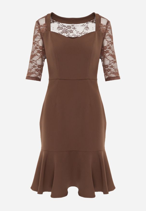 Born2be - Brązowa Taliowana Sukienka VICES z Koronkowymi Rękawami Oceamara. Kolor: brązowy. Materiał: koronka. Wzór: aplikacja, koronka. Styl: elegancki