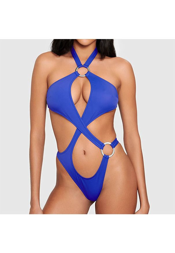 Intica - Strój kąpielowy z klamrami podkreślający sylwetkę na plażę lub basen Melike. Kolor: niebieski. Materiał: materiał