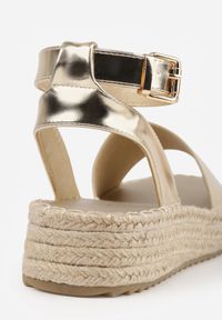 Born2be - Złote Sandały VICES na Grubej Podeszwie z Plecionki z Paskiem Wokół Kostki Doria. Zapięcie: pasek. Kolor: złoty. Materiał: jeans. Sezon: lato #3