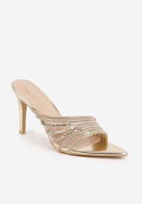Renee - Złote Cyrkoniowe Klapki na Szpilce z Noskiem w Szpic Megenia. Kolor: złoty. Materiał: satyna. Wzór: aplikacja. Obcas: na szpilce. Wysokość obcasa: średni #6