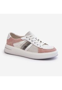 S.Barski Sneakersy Skórzane Damskie D&A LR110 Biało-Różowe białe. Kolor: biały. Materiał: skóra. Sezon: wiosna, lato. Obcas: na platformie #4