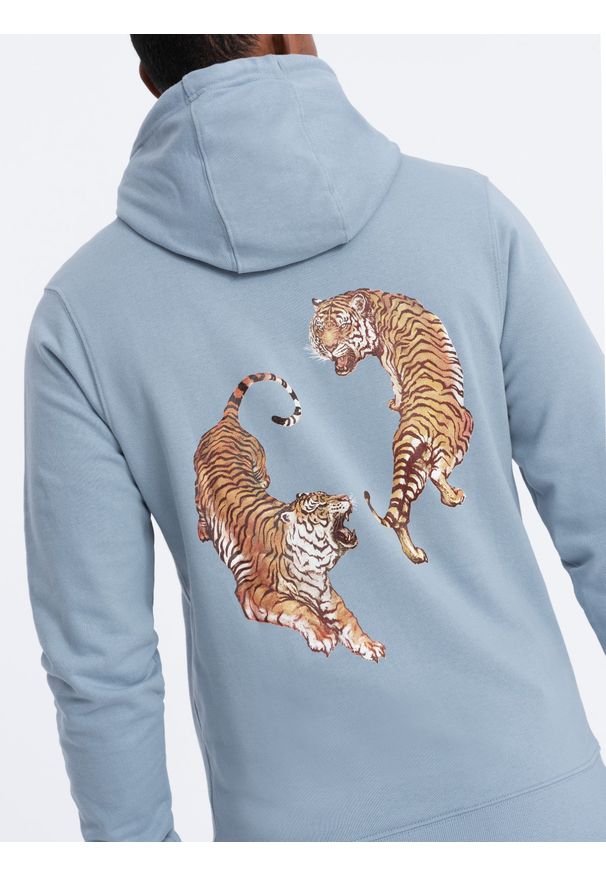 Ombre Clothing - Bluza męska hoodie z nadrukiem na plecach - niebieska V1 - Rozmiar: XL. Kolor: niebieski. Materiał: bawełna. Wzór: nadruk