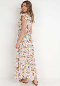 Born2be - Biało-Miętowa Sukienka Iraris. Typ kołnierza: kołnierz z falbankami. Kolor: biały. Materiał: wiskoza, tkanina, materiał. Długość rękawa: bez rękawów. Wzór: kwiaty. Sezon: lato. Typ sukienki: kopertowe. Długość: maxi #2