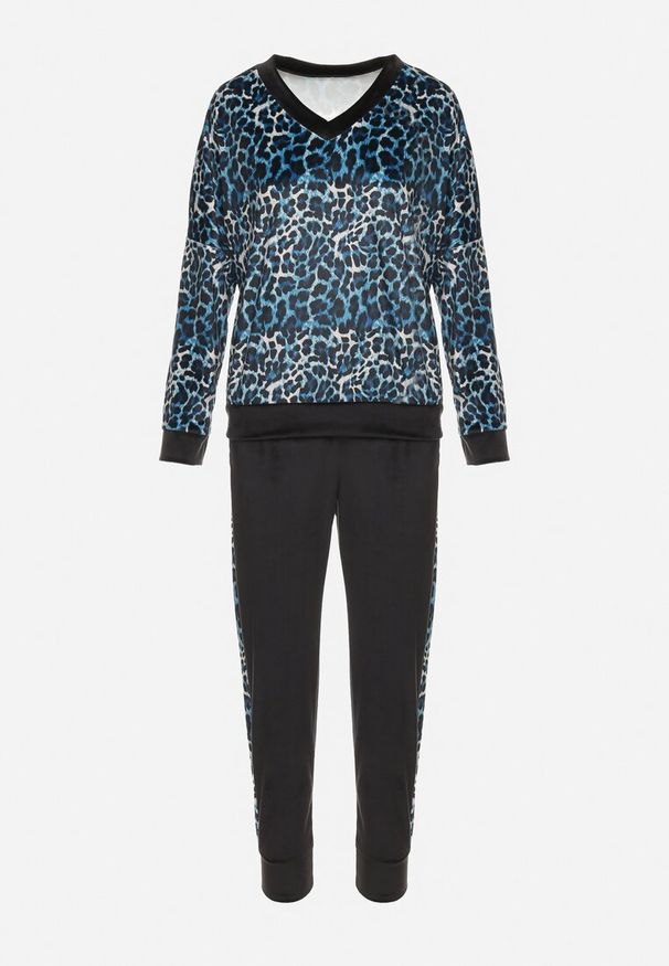 Born2be - Niebiesko-Czarny Welurowy Komplet Dresowy w Panterkę Bluza i Spodnie z Lampasami Avathirae. Kolor: niebieski. Materiał: dresówka, welur. Wzór: motyw zwierzęcy