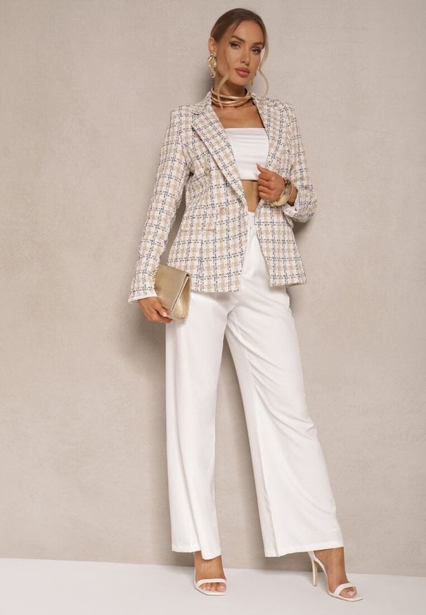 Renee - Beżowa Casualowa Tweedowa Marynarka z Wszytymi Poduszkami na Ramionach Jaanes. Okazja: na co dzień. Kolor: beżowy. Materiał: bawełna, jeans. Wzór: aplikacja. Styl: casual