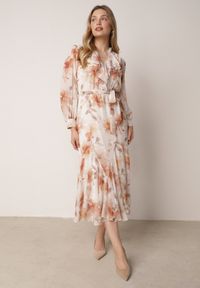 Born2be - Pomarańczowa Zwiewna Sukienka z Długim Rękawem Falbanami i Wiązanym Paskiem Aezera. Okazja: na co dzień, do pracy, na randkę. Kolor: pomarańczowy. Materiał: jeans, zamsz, poliester. Długość rękawa: długi rękaw. Typ sukienki: proste. Styl: casual, klasyczny, elegancki #2