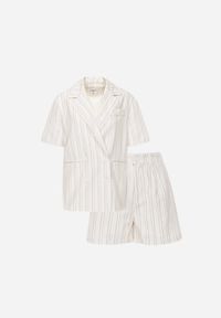 Born2be - Beżowy Komplet z Bawełną i Wiskozą Dwurzędowa Bluzka i Szorty w Paski Vervain. Kolor: beżowy. Materiał: wiskoza, bawełna. Wzór: paski #4