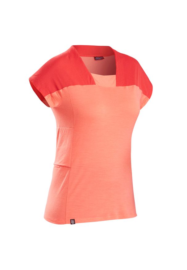 FORCLAZ - Koszulka trekkingowa damska Forclaz TREK 500 MERINO. Kolor: wielokolorowy, pomarańczowy, czerwony. Materiał: materiał, wełna, poliamid