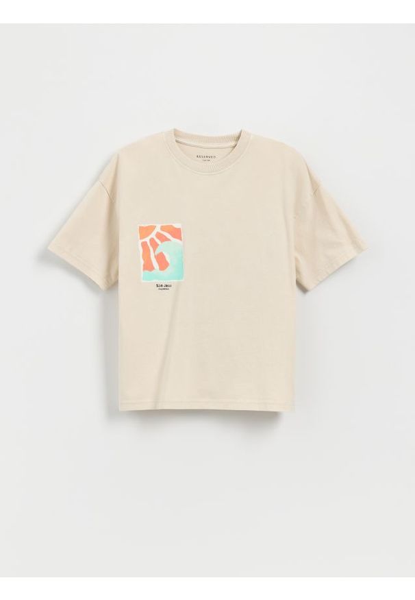 Reserved - Bawełniany t-shirt oversize - kremowy. Kolor: kremowy. Materiał: bawełna