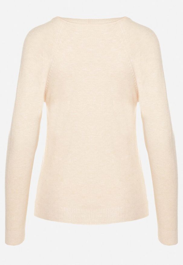 Born2be - Beżowy Sweter Ozdobiony Cekinami Koralikami i Cyrkoniami w Kształcie Kwiatka Romiella. Okazja: na co dzień. Kolor: beżowy. Materiał: jeans. Wzór: kwiaty, aplikacja. Styl: elegancki, casual, klasyczny