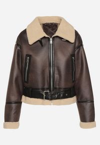 Born2be - Brązowa Kurtka Biker z Kożuszkiem i Paskiem z Klamerką Zenile. Okazja: na co dzień. Kolor: brązowy. Materiał: jeans, poliester, dzianina. Wzór: aplikacja. Styl: klasyczny, elegancki, casual, rockowy #4