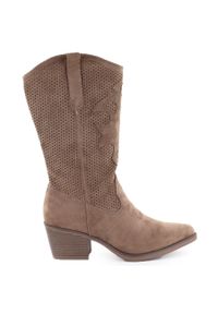 Kozaki damskie ażurowe kowbojki ciemny beż eVento 9450. Kolor: beżowy. Materiał: zamsz, nubuk. Szerokość cholewki: normalna. Wzór: ażurowy #1