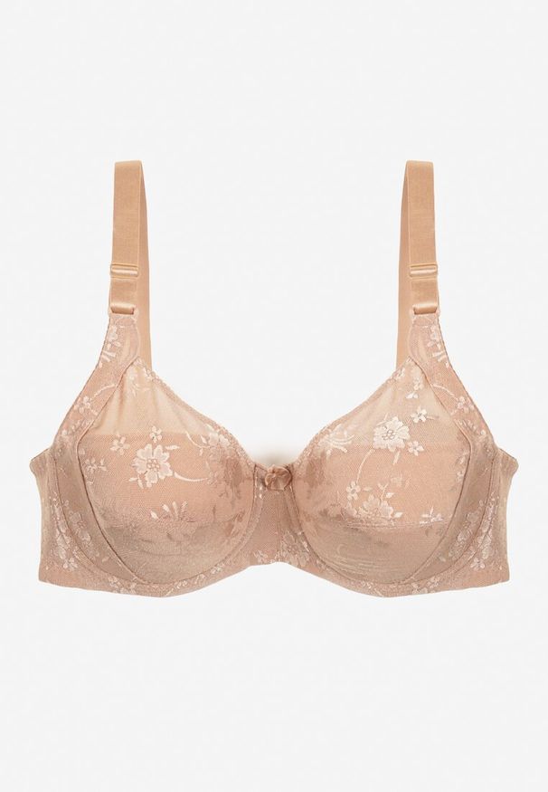 Renee - Ciemnobeżowy Biustonosz z Koronki Full Cup z Regulowanymi Ramiączkami Dimela. Kolor: beżowy. Materiał: koronka. Wzór: koronka