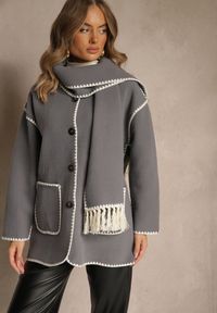 Renee - Szara Kurtka Oversize z Szalikiem i Ozdobnymi Przeszyciami Claritila. Okazja: na co dzień. Kolor: szary. Materiał: jeans. Styl: casual