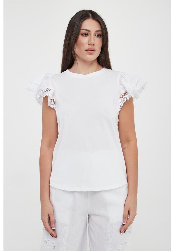 Twinset Milano - T-shirt damski z koronką TWINSET. Materiał: koronka. Wzór: koronka
