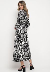 Born2be - Czarno-Biała Koszulowa Sukienka z Roślinnym Wzorem z Wiązanym Paskiem Rosallen. Kolor: czarny. Wzór: aplikacja. Typ sukienki: koszulowe. Długość: maxi #5
