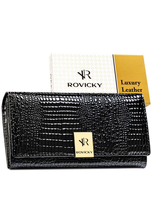 ROVICKY - Lakierowany, czarny portfel damski ze skóry naturalnej z systemem RFID RH-20A-1-RS Rovicky. Kolor: czarny. Materiał: skóra, lakier
