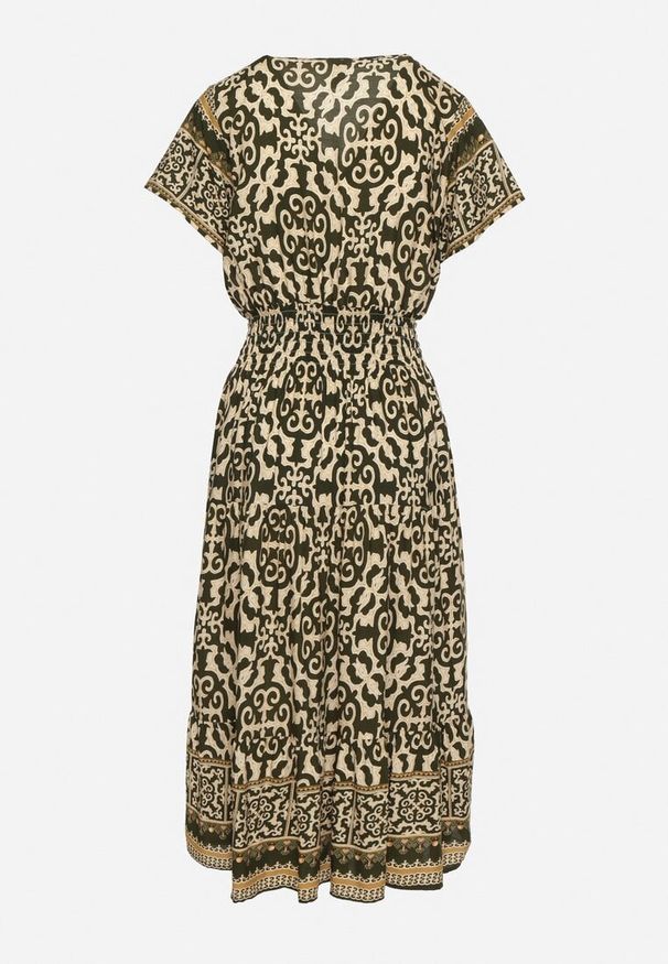 Born2be - Zielono-Beżowa Bawełniana Sukienka z Guzikami i Ornamentnym Wzorem Zisselle. Kolor: zielony. Materiał: bawełna