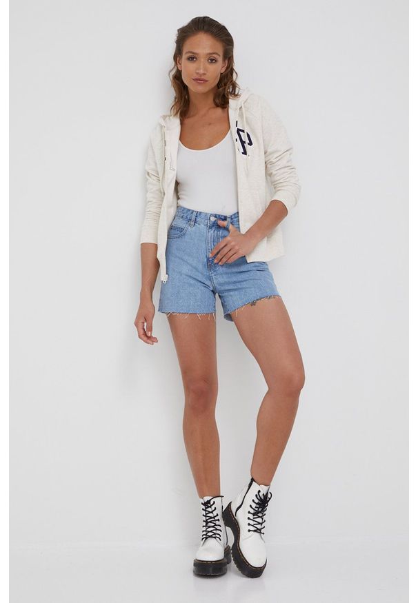 Dr. Denim szorty jeansowe damskie gładkie high waist. Okazja: na co dzień. Stan: podwyższony. Kolor: niebieski. Materiał: denim, jeans. Wzór: gładki. Styl: casual