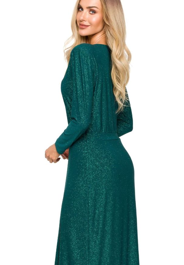 MOE - Suknia wieczorowa z rozcięciem na nodze długi rękaw butelkowa zieleń. Okazja: na ślub cywilny, na studniówkę, na wesele, na imprezę. Długość rękawa: długi rękaw. Styl: wizytowy