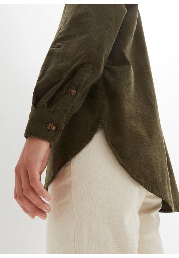 bonprix - Bluzka sztruksowa z rozcięciem z boku. Kolor: zielony. Materiał: sztruks