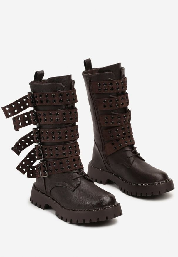 Born2be - Brązowe Botki Workery w Stylu Biker z Licznymi Paskami z Klamrami Nirilora. Okazja: na co dzień. Zapięcie: klamry. Kolor: brązowy. Materiał: jeans. Szerokość cholewki: normalna. Styl: casual, rockowy