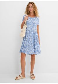 bonprix - Sukienka mini z lejącej wiskozy. Kolor: niebieski. Materiał: wiskoza. Wzór: nadruk, aplikacja. Sezon: lato. Długość: mini #3