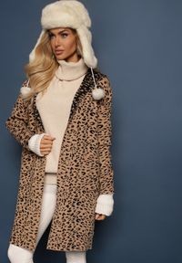 Renee - Beżowo-Czarny Niezapinany Kardigan z Kieszeniami w Panterkowy Print Riaverna. Okazja: na co dzień. Kolor: beżowy. Wzór: nadruk. Styl: casual, elegancki, wizytowy