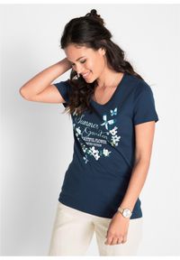 bonprix - Koszulka bawełniana, krótki rękaw. Kolor: niebieski. Materiał: bawełna. Długość rękawa: krótki rękaw. Długość: krótkie. Wzór: nadruk #1