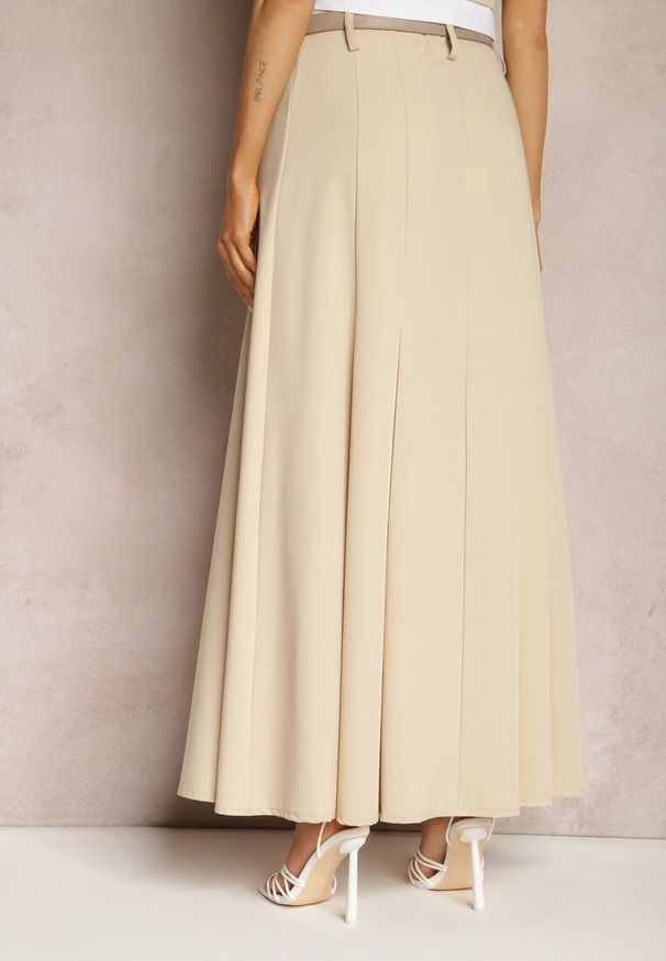 Renee - Beżowa Spódnica Długa Rozkloszowana High Waist Leoraia. Okazja: na co dzień, na spotkanie biznesowe. Stan: podwyższony. Kolor: beżowy. Długość: długie. Styl: biznesowy, casual, elegancki