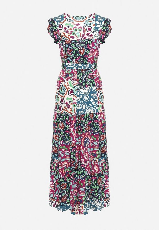 Born2be - Fioletowo-Niebieska Wiskozowa Sukienka z Gumką w Pasie i Materiałowym Paskiem w Talii Dimollia. Typ kołnierza: dekolt w kształcie V. Kolor: fioletowy. Materiał: materiał, wiskoza. Długość rękawa: krótki rękaw. Wzór: aplikacja. Sezon: lato. Styl: klasyczny, elegancki