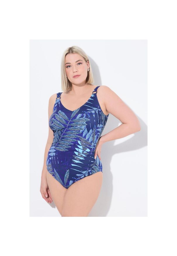 ULLA POPKEN - Damski Strój kąpielowy marszczenie miękkie miseczki wzór w paprocie. Kolekcja: plus size. Kolor: niebieski. Materiał: poliester, elastan, poliamid, materiał